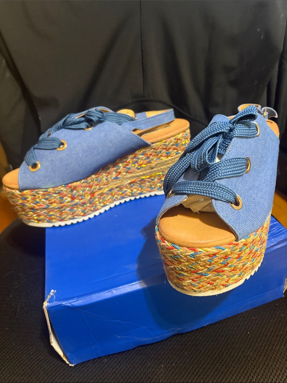 Denim Blue Lace-Up Platform Espadrille Wedges